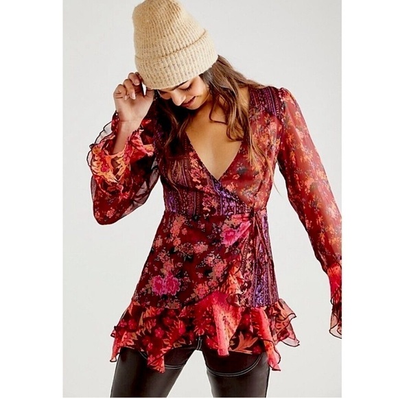 Free people | Magic Hour Wrap Top Size Small | boho mixed media floral fall - Picture 1 of 12